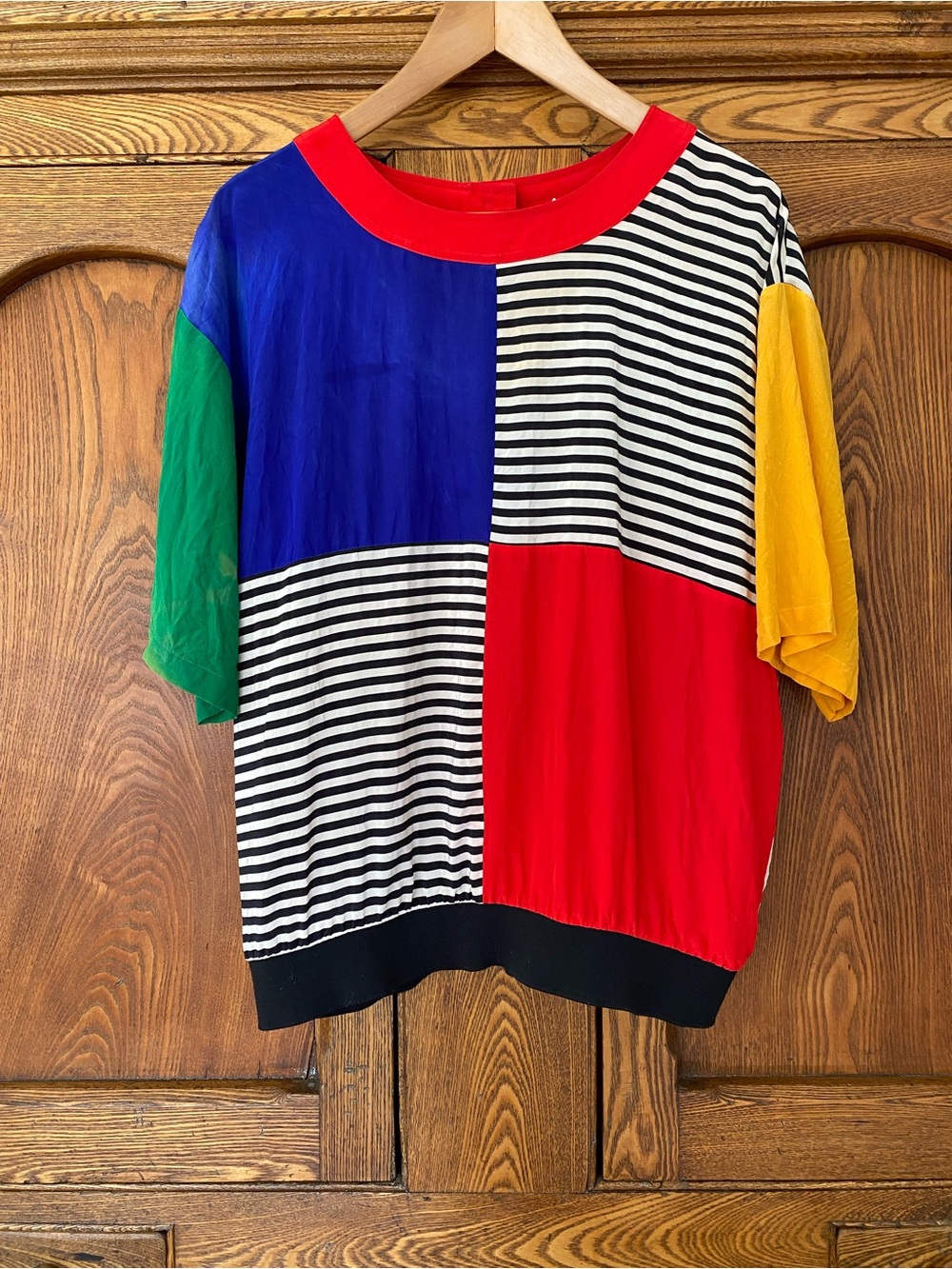 Vintage silk boxy top L Adam Douglass Adrianna Papell stripe red blue green